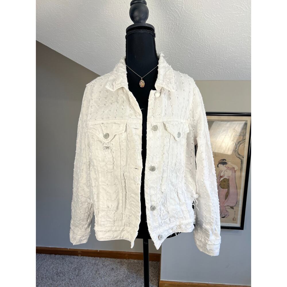 Blank NYC White Distressed Denim Trucker Jacket Cotton Women's Large Button Up